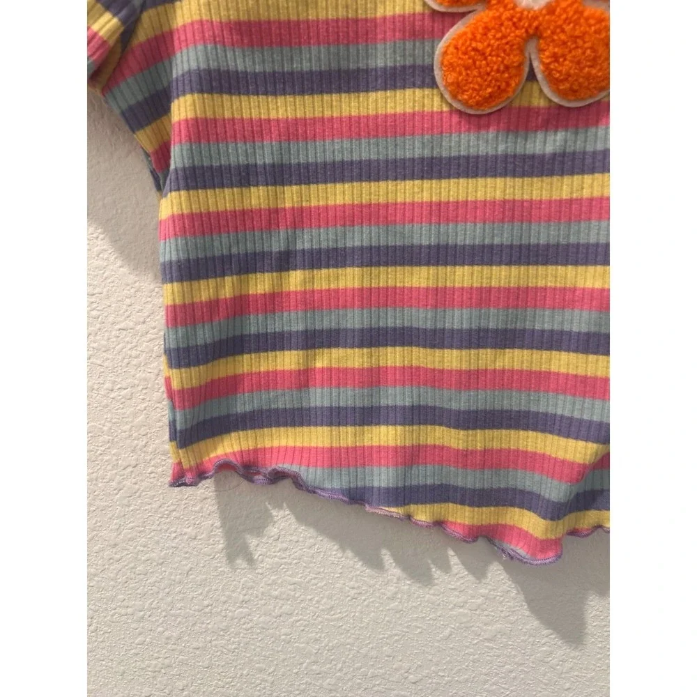 SHEIN Teen Girls Striped Ribbed Knit‎ Flower Patch Lettuce Edge Tee Shirt 12-13Y